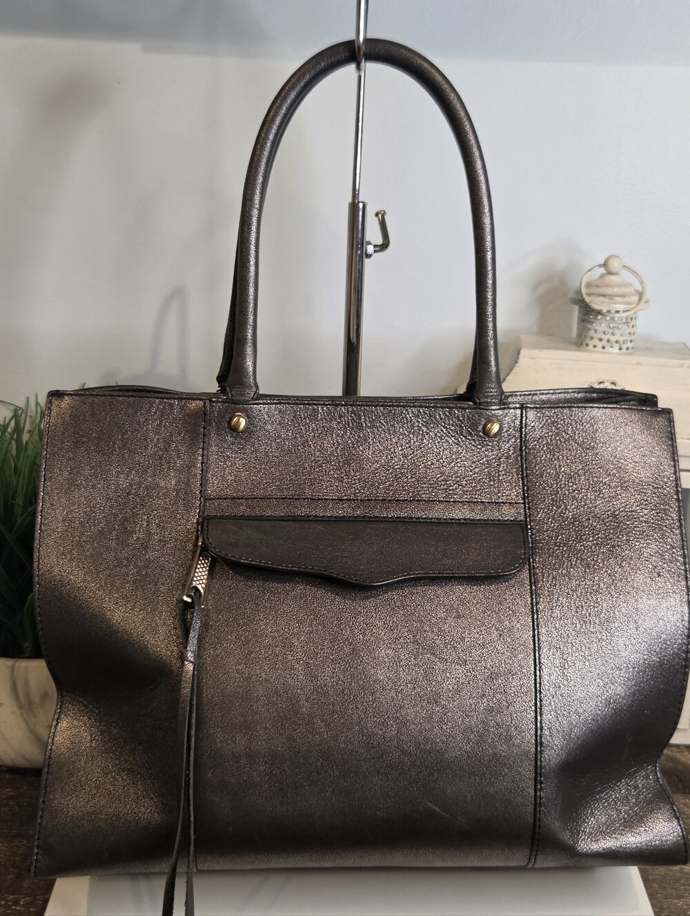 Rebecca Minkoff Medium MAB Tote Metallic Pewter Gunmetal Leather Bag